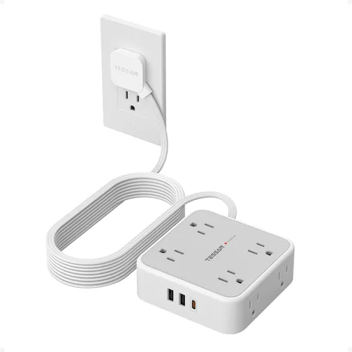 Vista 20 de TESSAN - Tira de alimentación con protector de sobretensiones, cable de extensión plano de 5 pies con 8 salidas de CA, 3 puertos USB (1 USB C), Gris