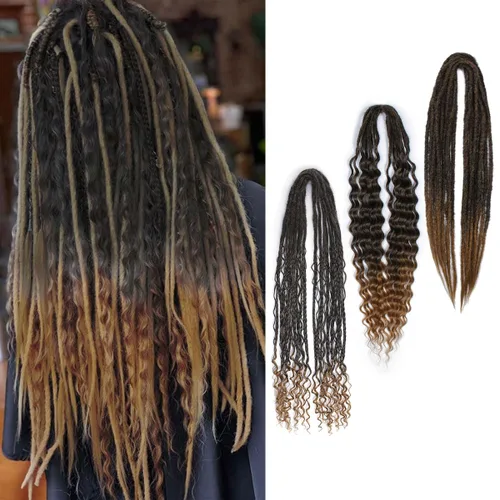 Vista 14 de Extensiones de rastas trenzadas bohemias de 24 pulgadas, 10 hebras de rastas sintéticas rizadas color marrón degradado con trenza de caja, rastas