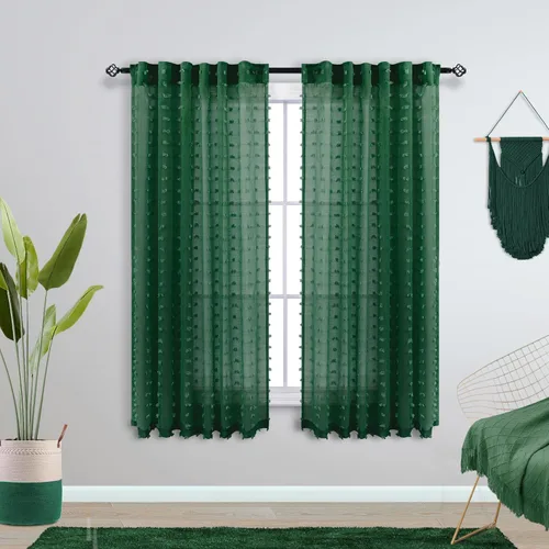 Vista 31 de Cortinas negras KOUFALL de 45 pulgadas de largo para ventana de cocina, cortinas transparentes con pompones y textura de encaje bohemio con bolsillo