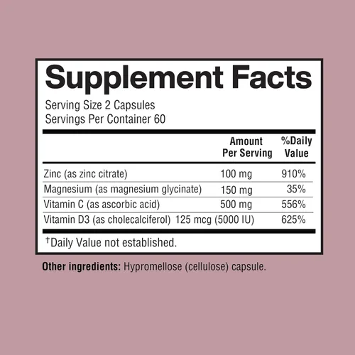 Vista 3 de Zinc, Zinc 100 mg, Glicinato de Magnesio 150 mg, Vitamina D3 5000 UI, Vitamina C 500 mg por porción, Apoyo inmunológico, refuerzo inmunológico