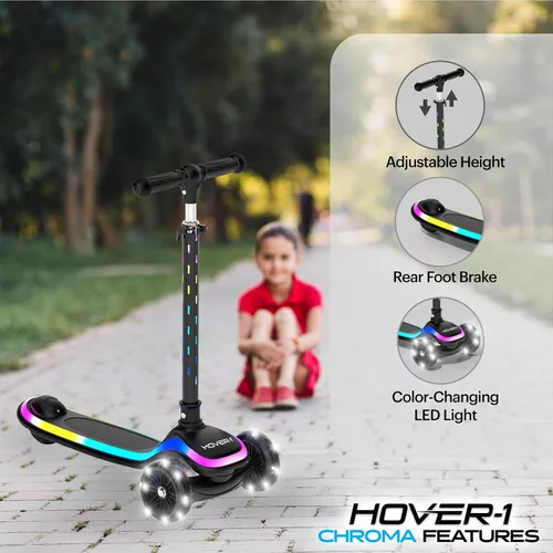 Vista 3 de Hover-1 Chroma Folding Kick Scooter for Kids with Multicolor Wheel Lights, 3” Front Wheels, Rear Foot Brake, and 110 LB Weight Capacity Negro