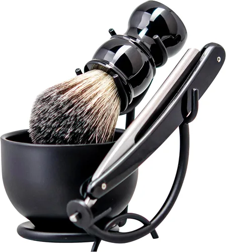 Vista 3 de Kit de afeitado con navaja recta Grandslam, navaja recta de acero con afilador de cuero, cepillo de afeitar, cuenco y soporte de afeitar de acero