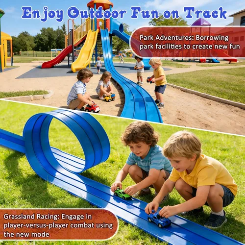 Vista 6 de Pista de carreras de 16.4 pies, pista de carreras flexible de 3 carriles para niños, compatible con autos a escala 1/64 fundidos a presión con 6