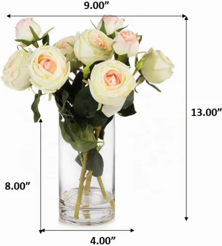 Vista 6 de ENOVA FLORAL 9 cabezas de rosas artificiales de seda en jarrón, arreglo de rosas sintéticas en jarrón con agua sintética para centros de mesa Champán