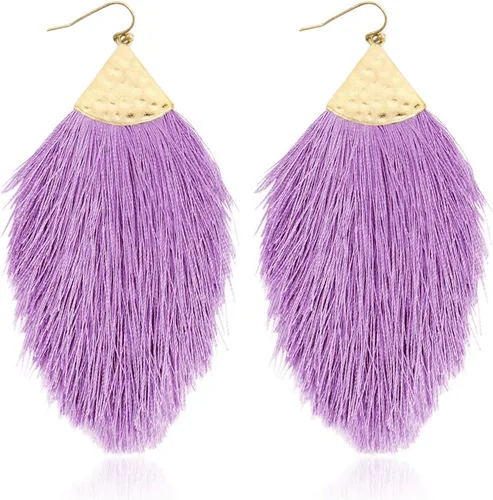 Vista 34 de Aretes bohemios de hilo sedoso con flecos y borlas – Ligeros, colgantes, con hebras y forma de pluma Fleco de plumas - Azul Aqua