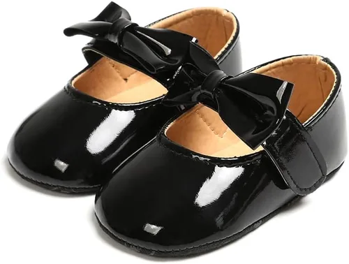 Vista 4 de myppgg Zapatos planos Mary Jane para bebé niña, con lazo brillante, vestido de princesa, zapatos de cuna antideslizantes para niños pequeños que