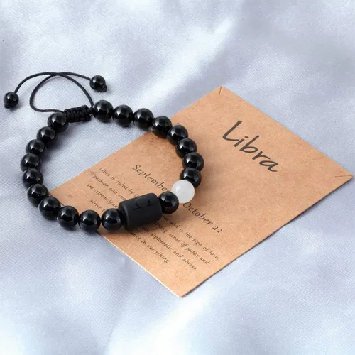 Vista 5 de Pulsera con signos del zodiaco para hombres y mujeres, 0.315in, piedra de ónice negra natural, constelación, horóscopo trenzado, pulseras de cuentas