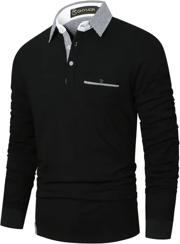 Vista 3 de GHYUGR Polos de manga larga para hombre con diseño clásico a cuadros