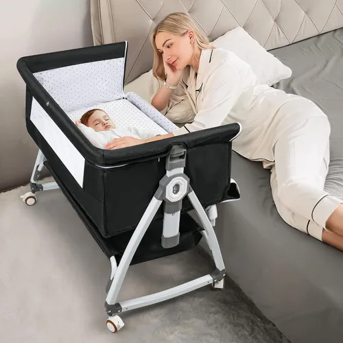 Vista 8 de VOOI Moisés para bebé junto a la cama, moisés mecedor 3 en 1 para bebé, moisés junto a la cama con ruedas, altura ajustable, cesta