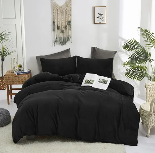 Vista 5 de CLOTHKNOW Juego de funda de edredón de terciopelo negro - Ropa de cama mullida, 3 piezas, tamaño individual, todo en color negro, juegos de funda