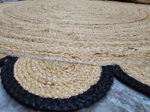 Vista 4 de Alfombra redonda natural de yute, alfombra de suelo con borde festoneado, trenzado, bohemio, ecológico, grande, circular hecha a mano, color negro