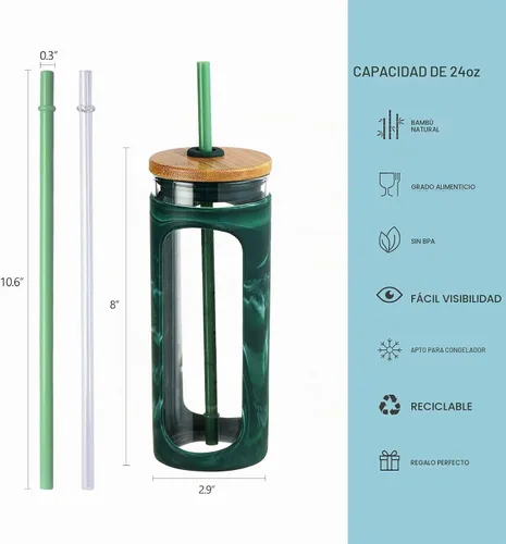 Vista 2 de Kodrine - Botella con popote para beber, capacidad de 20 onzas fluidas, con tapa de bambú, para café helado, reutilizable, boca ancha, para batidos