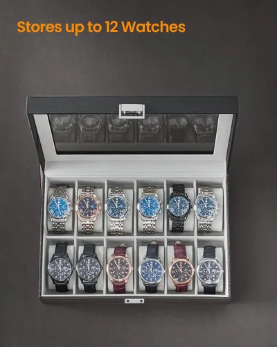 Vista 3 de Hzuaneri Caja de reloj, regalos de Navidad, caja de reloj de 12 ranuras con tapa de vidrio grande, almohadas de reloj extraíbles, organizador