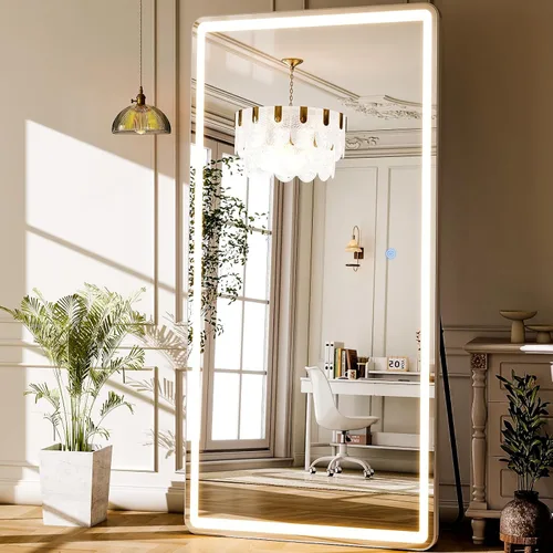 Vista 11 de GLSLAND Espejo LED Arqueado de Cuerpo Entero de 26"x68" con Luces para Montar en Pared/de Pie, Espejos de Piso Iluminados Regulables