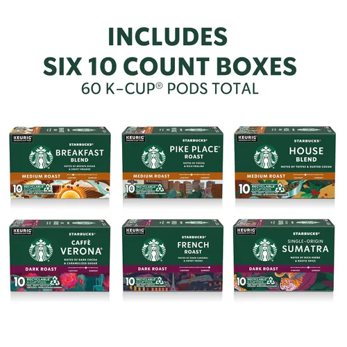 Vista 2 de Starbucks Cápsulas de café K-Cup - Paquete variado de tostado medio y oscuro, 100% arábica, 6 cajas (60 cápsulas en total)