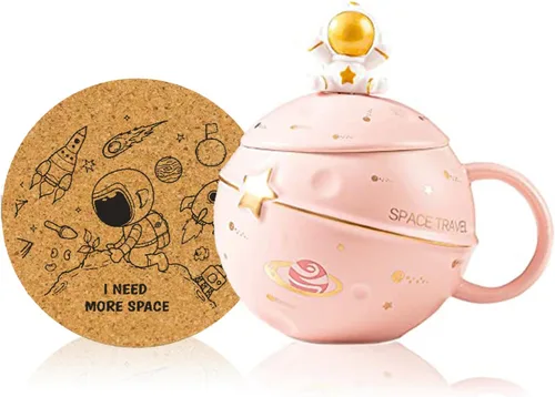 Vista 8 de Yalucky Taza Kawaii de Astronauta Copa Espacial con Planeta en Relieve, Linda Taza de Café de Cerámica, Taza Novedosa con Tapa y Cuchara para Café