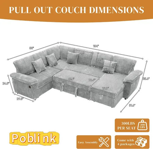 Vista 3 de Sofá cama modular modular con cama extraíble, 104 pulgadas en forma de U de 7 asientos, sofás seccionales para sala de estar, cómodo sofá cama