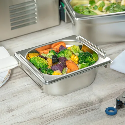 Vista 4 de Restaurantware Met Lux - Bandeja de mesa de vapor de 7 x 6.4 x 2.5 pulgadas, 1 sexto sartén de hotel, bandeja de acero inoxidable plateado profundo