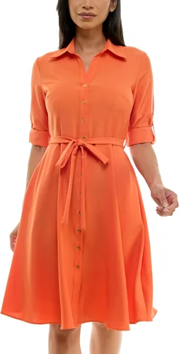 Vista 7 de Sharagano Vestido camisero plisado para mujer, manga 3/4, cuello en V, botones dorados Acacia