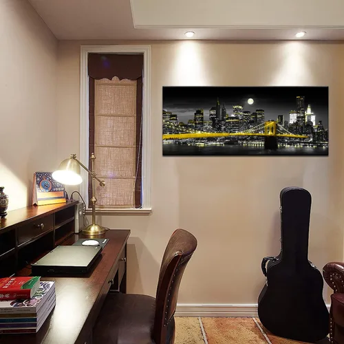 Vista 3 de Biuteawal Impresión en lienzo amarillo en blanco y negro de la ciudad de Nueva York, puente de Brooklyn en la noche de la luna, pintura fotográfica