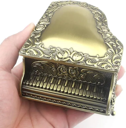 Vista 24 de ROSIKING Caja de música de aleación de metal en relieve en forma de corazón azul, caja musical antigua para joyería con cuerda, regalos