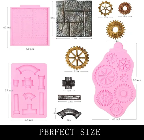 Vista 2 de Steampunk Gear - Moldes de silicona, 3 paquetes de tubería de agua remachada placa de metal molde de chocolate para decoración de pasteles