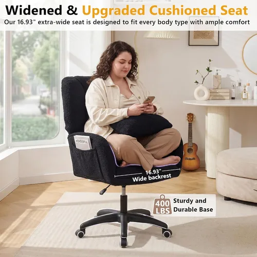 Vista 5 de FOXHUNTER Silla de tocador con respaldo ergonómico y ruedas, silla giratoria de 360°, silla de oficina en casa de altura ajustable para sala de Negro