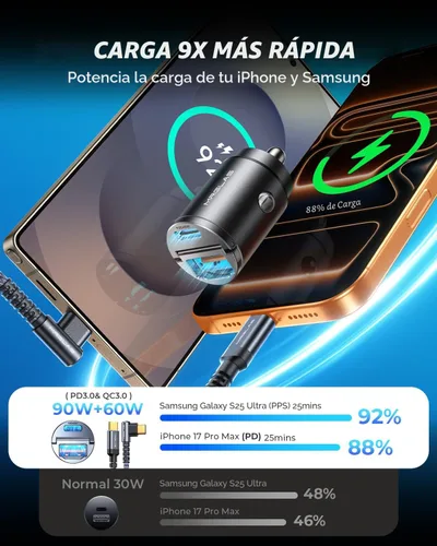 Vista 4 de 90W rápido iPhone 18/17 Pro Max cargador de coche USB C carga rápida con Negro