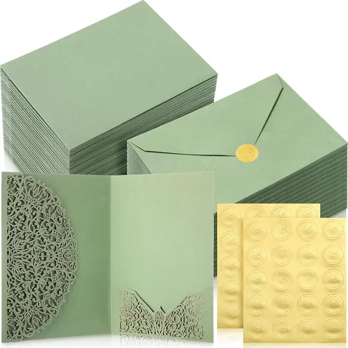 Vista 8 de PerKoop Juego de 100 invitaciones de boda cortadas con láser de 5 x 7 pulgadas con sobres y calcomanías de sello de cera, kit de tarjetas