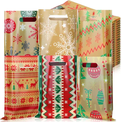 Vista 7 de Sinmoe - 200 bolsas de plástico navideñas de 9 x 12, colores mezclados Con asas, reutilizable para fiestas minoristas de caramelos, diseños