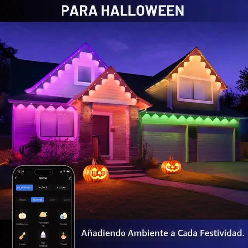 Vista 8 de wowlite Luces exteriores permanentes de 50 pies, luces inteligentes RGBIC para aleros con 36 LEDs, impermeables IP67, más de 110 modos de escena
