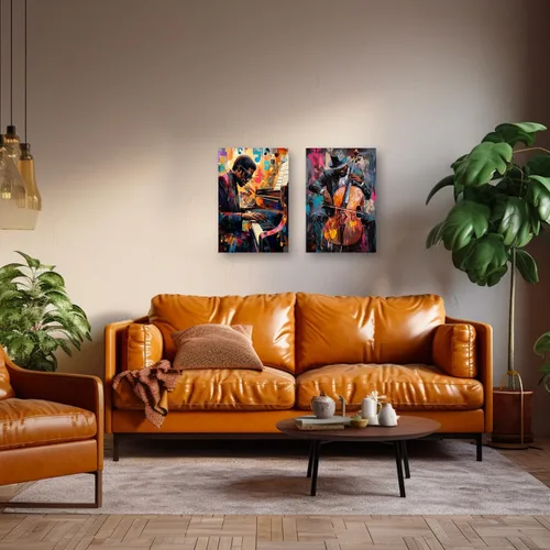 Vista 5 de PBXBJY Arte de pared de música negra, impresiones en lienzo de jazz, 2 piezas afroamericanas tocando piano y violín, póster con temática de música