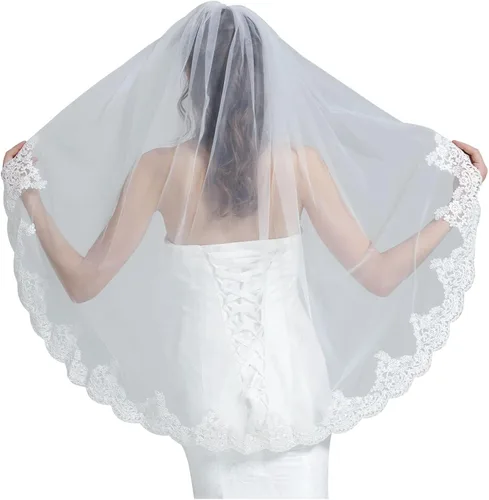Vista 4 de Velo de novia de boda con peine de 1 nivel borde de encaje de color marfil