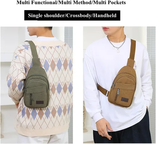Vista 2 de Men Canvas Sling Crossbody Bag Smart Pratical Large Capacity Day Pack for Hiking Camping