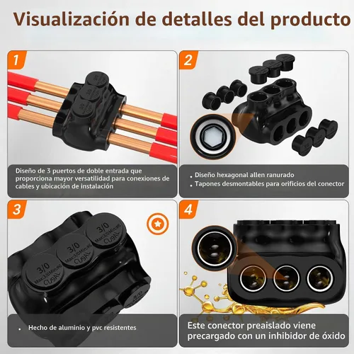 Vista 3 de Conectores de cable de aluminio a cobre de 3 puertos de doble entrada de calibre 2/0-6, conector de cable aislado de múltiples grifos, conector