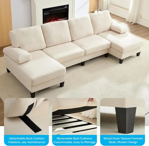 Vista 3 de Mjkone Sofá modular en forma de U de 110 pulgadas de ancho con tumbonas para sala de estar, sofá de nube con tela de terciopelo helado, juego