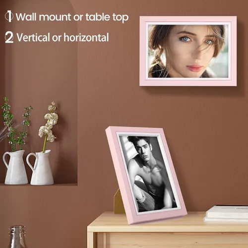Vista 5 de LBECUA Juego de 4 portarretratos de 4 x 6, color rosa con plexiglás HD de 4 x 6, horizontal y vertical para pared y mesa