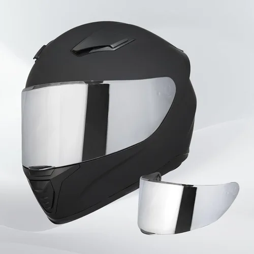Vista 6 de Casco de motocicleta de cara completa WS-607 aprobado por DOT para adultos, con visera transparente/negro/plateado cromado (BB negro plano, L)