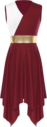 Vista 9 de Vestido de mujer de alabanza litúrgica con bloques de color, sin mangas, con dobladillo irregular, de estilo lírico para danza Borgoña