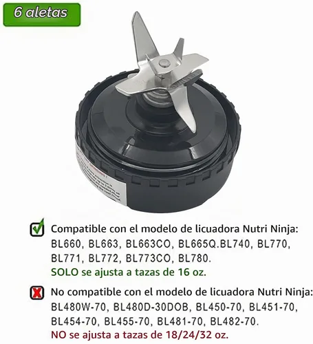 Vista 2 de Conjunto de cuchilla extractor de 6 aletas para Ninja de 16 onzas, compatible con Nurti Ninja BL660 BL663 BL663CO BL665Q BL770 BL770A BL771 BL771C