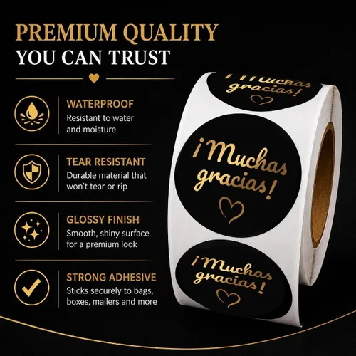 Vista 2 de 500pcs Gold Foil Gracias Stickers Roll, 1.5 Inch Round Metallic Gold Labels in Spanish Thank You, Self-Adhesive Seals for Small Business Packaging