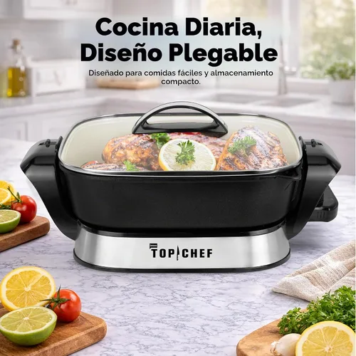 Vista 2 de Top Chef - Sartén eléctrica de 11.4 pulgadas que ahorra espacio con calentamiento rápido de 1200 W, interior antiadherente, tapa de vidrio, control