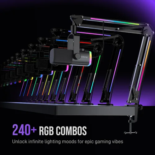Vista 4 de Kit de micrófono de juego FIFINE, micrófono dinámico XLR/USB para PC con brazo articulado para grabación de podcast, juego de micrófono RGB