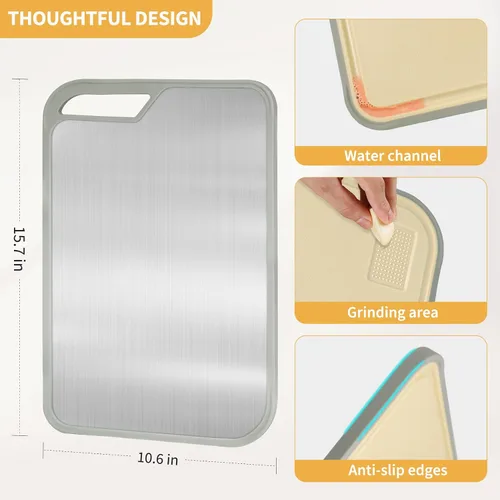 Vista 5 de Tabla de cortar para cocina, tabla de cortar de acero inoxidable fácil de limpiar, tablas de cortar grandes de doble cara de 15.7 x 10.6 pulgadas