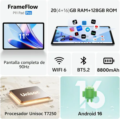 Vista 2 de Tableta Frameflow de 11 pulgadas, tableta Android 16, gris Octa-Core, 20GB RAM + 128GB ROM, 1TB Expandable, 90Hz IPS Touchscreen, 8800mAh, WiFi 6