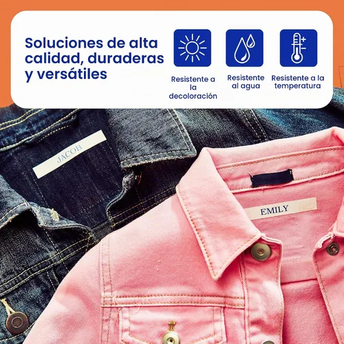 Vista 3 de Cinta de etiquetas Brother P-Touch TZe auténtica, impresión azul marino en cinta de etiqueta de tela blanca (TZeFA3), 1/2 pulg x 9.8 pies