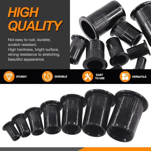 Vista 4 de 100 tuercas de remache M6 de acero al carbono negro chapado en zinc tuercas de remache moleteadas cabeza plana remaches roscados tuercas de inserción