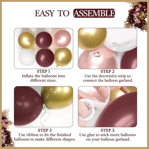 Vista 3 de Kit de guirnalda de arco de globos burdeos de 142 piezas con globos metálicos de oro rosa, granate y oro para decoraciones de cumpleaños, baby