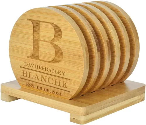 Vista 10 de Posavasos personalizados, posavasos grabados personalizados, posavasos de bambú para bebidas, posavasos de monograma con soporte, grandes regalos