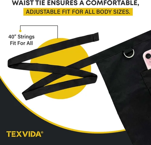 Vista 7 de Delantal unisex para servidor bistró con bolsillo con cremallera, grado comercial (negro, 24 x 20 pulgadas)